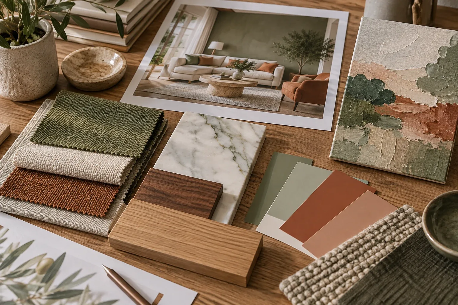 A designer's mood board with fabric and paint swatches beside a small painted sample