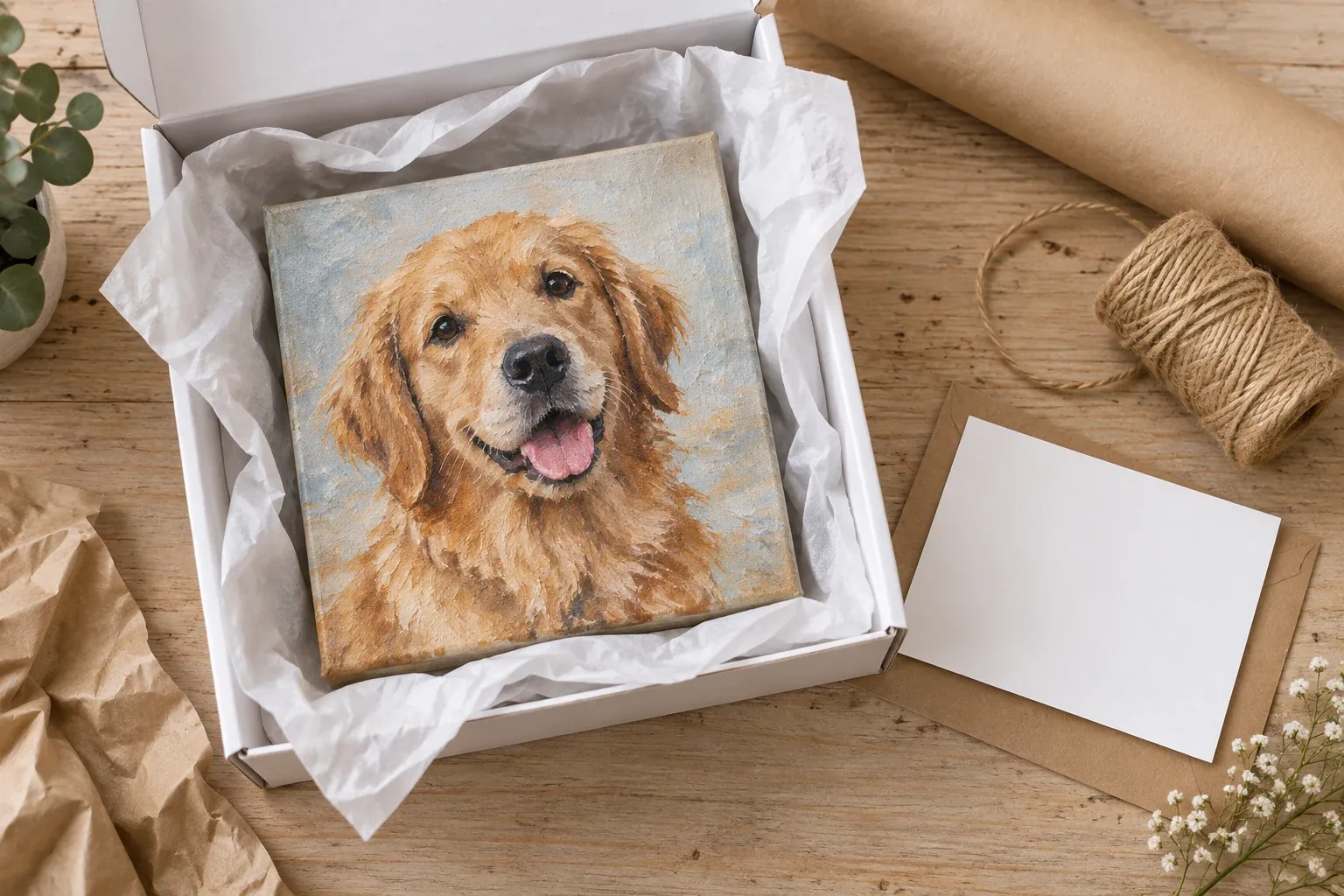 A small hand-painted pet portrait packed in a plain gift box