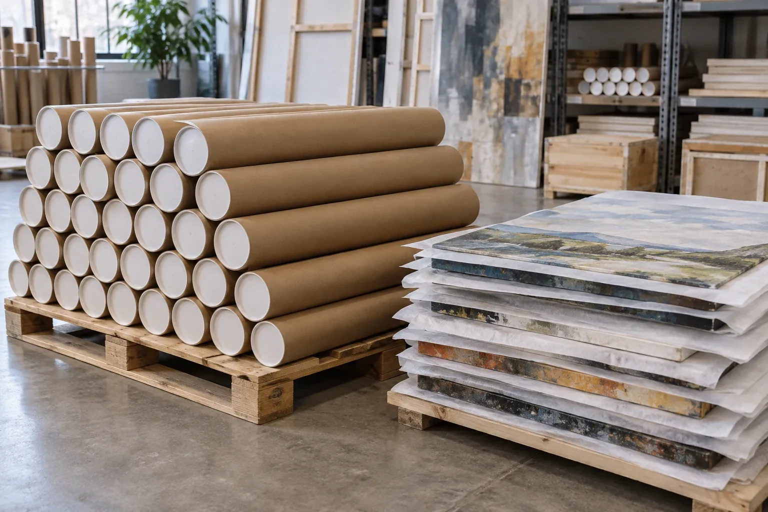 Rolled canvases in shipping tubes and finished paintings stacked for shipment