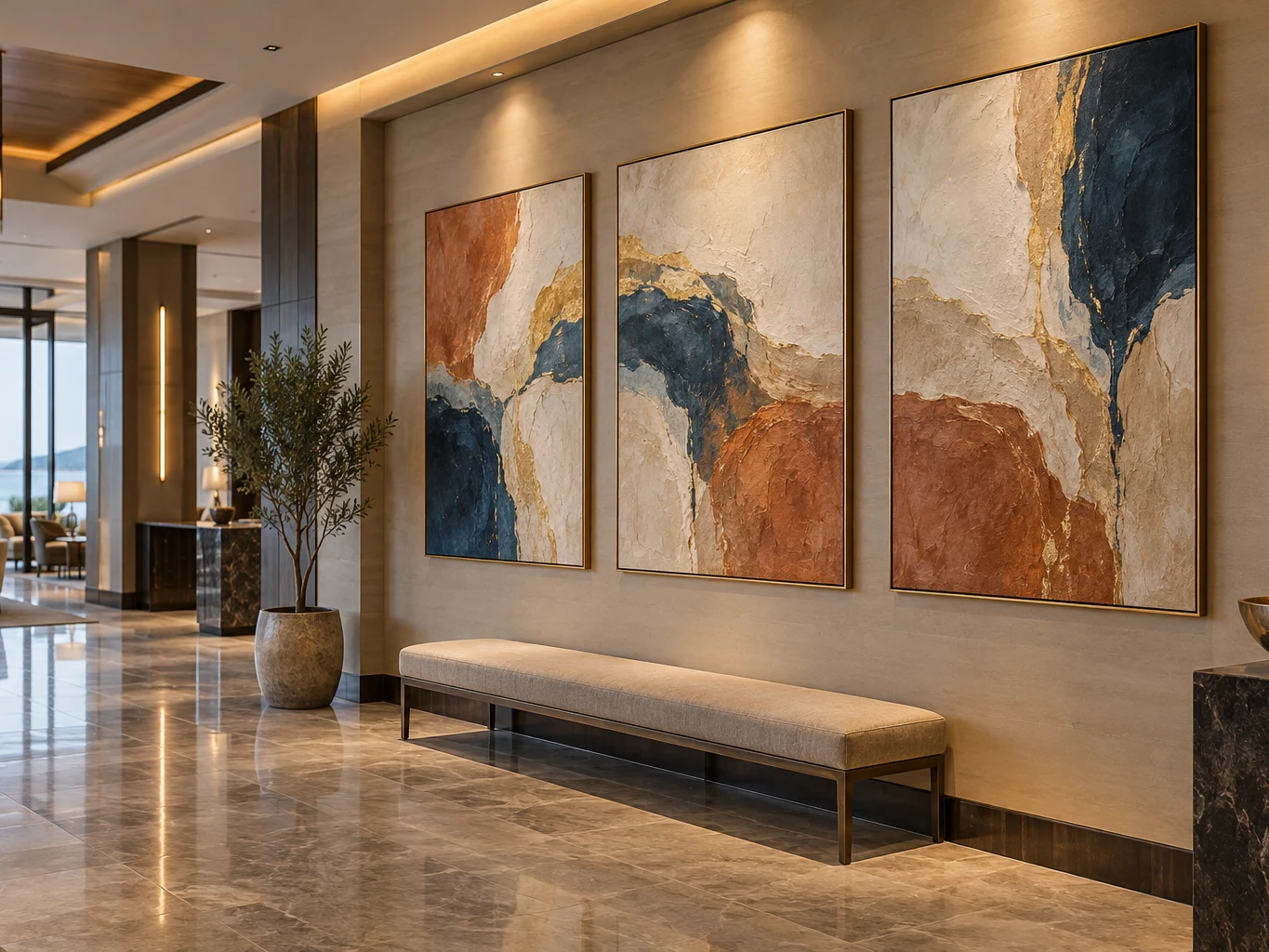 Three matching paintings in a hotel corridor