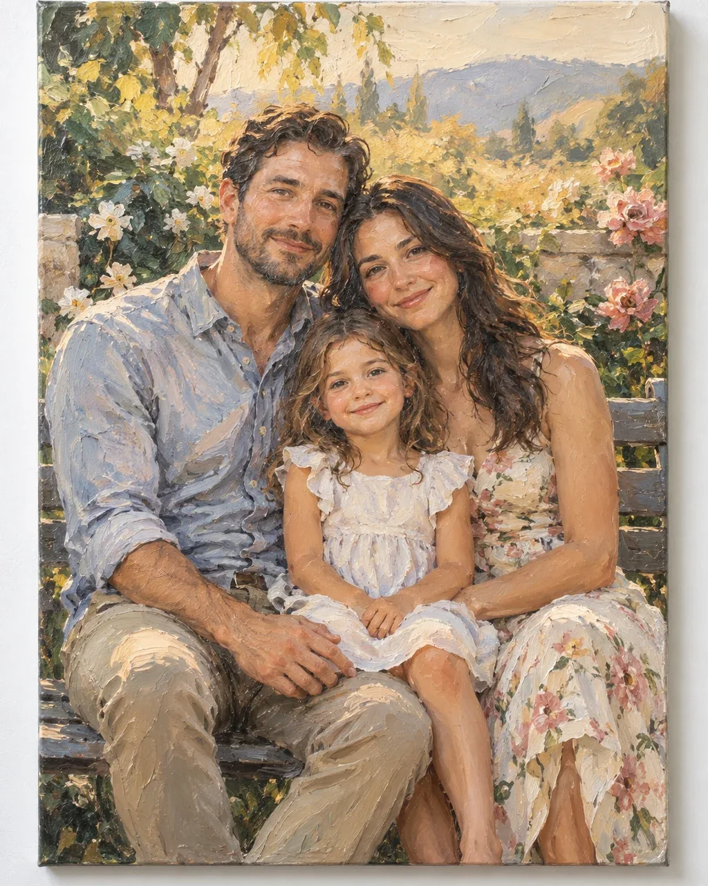 Hand-painted family portrait in a garden