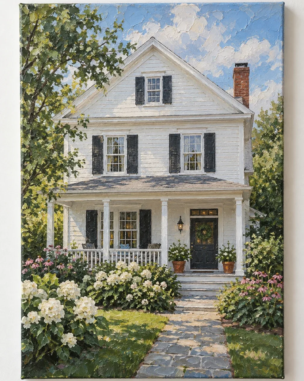 Hand-painted portrait of a white clapboard house