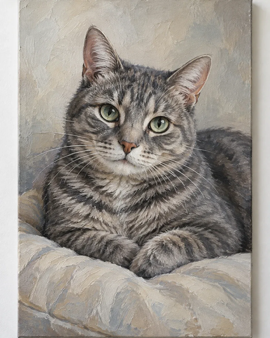 Hand-painted portrait of a gray tabby cat
