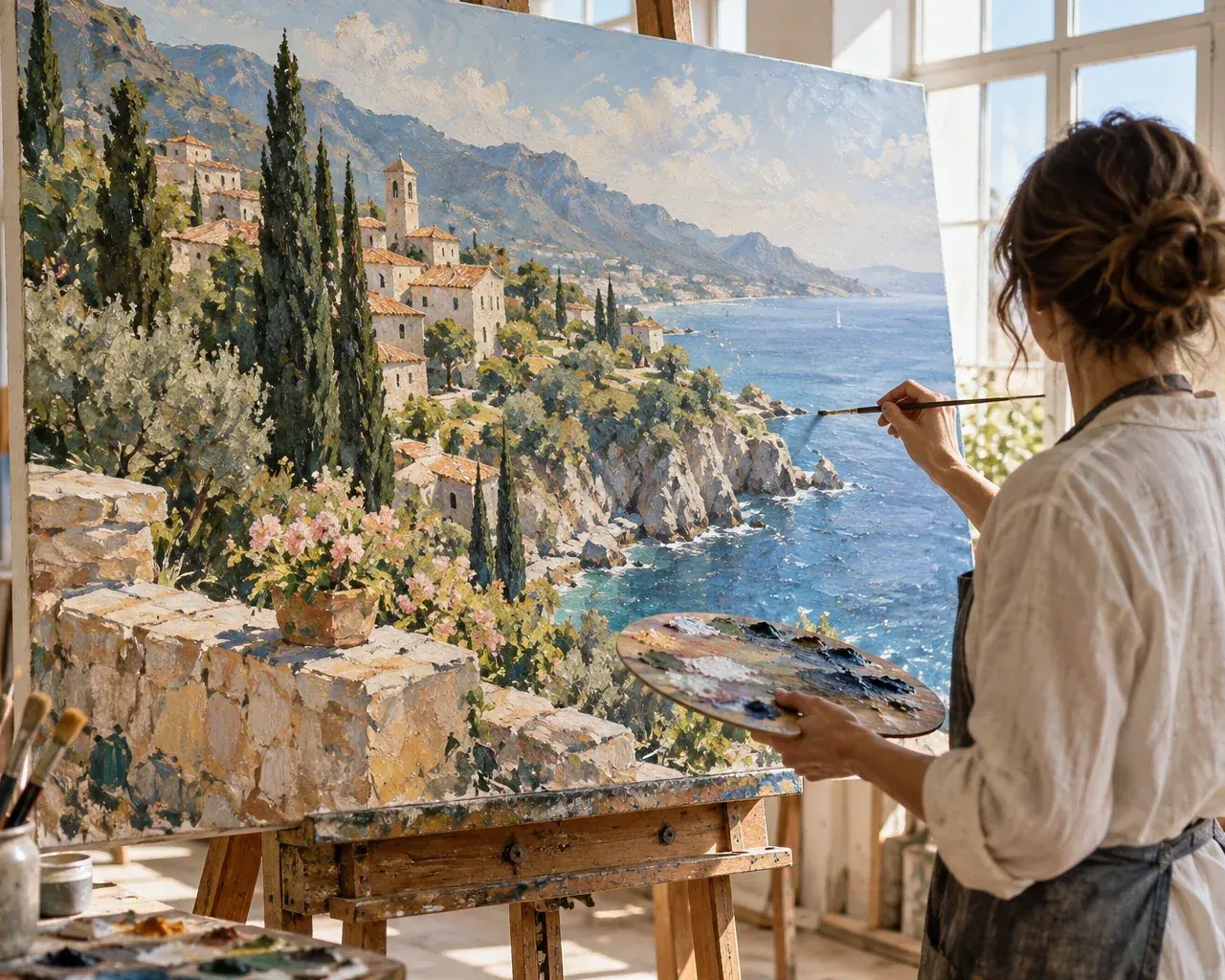 A senior painter at the easel in the Velaturo studio