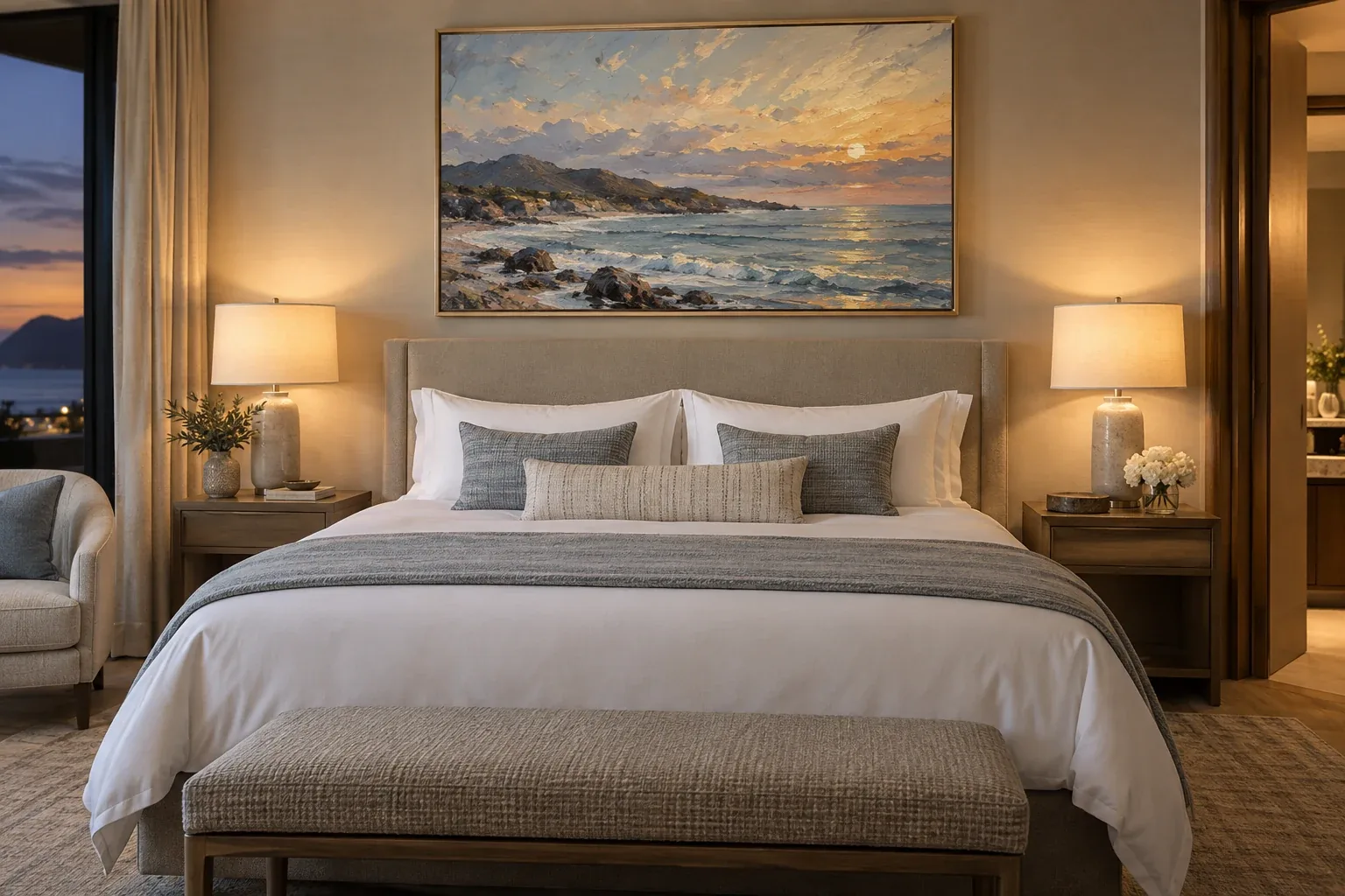 A hand-painted coastal landscape above a hotel bed