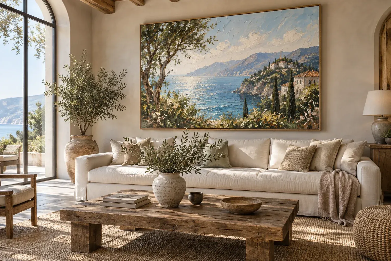 A large hand-painted landscape above a sofa in a villa living room