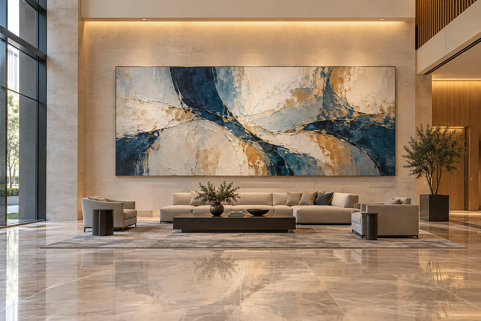 A large hand-painted abstract hanging in a corporate headquarters lobby