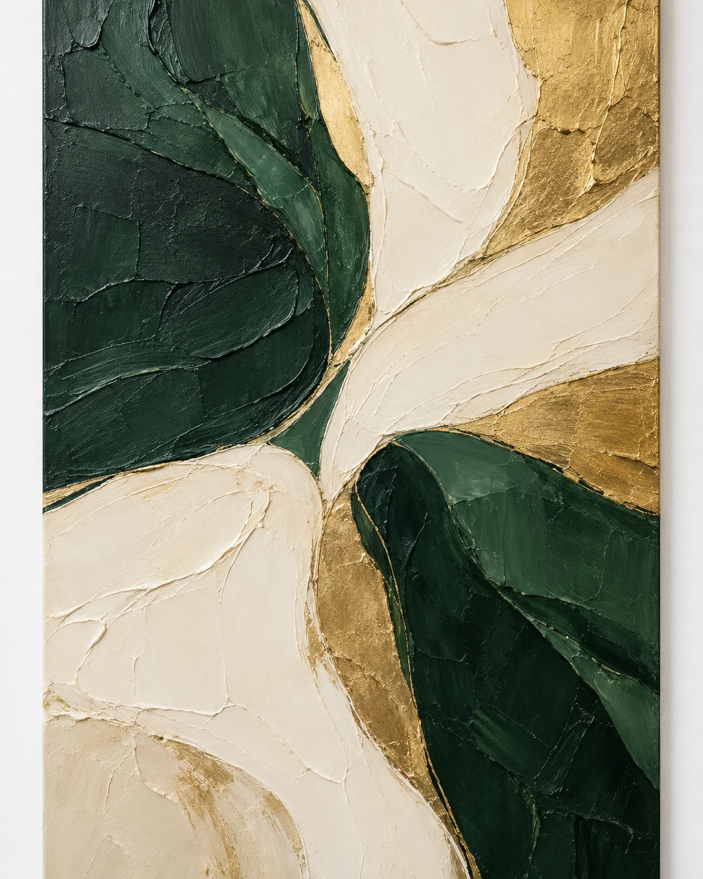 Original abstract in deep green, cream and gold with palette-knife texture