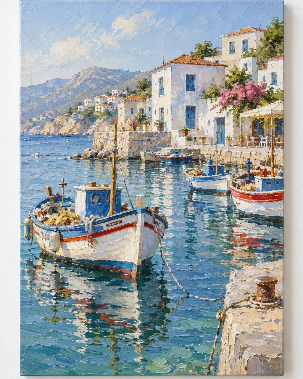 Original harbor scene with fishing boats