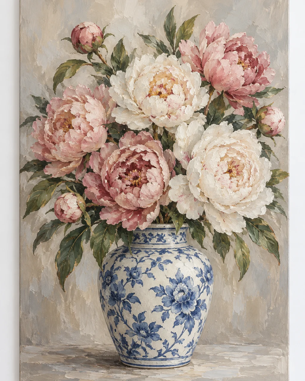 Original floral still life of peonies in a blue-and-white vase