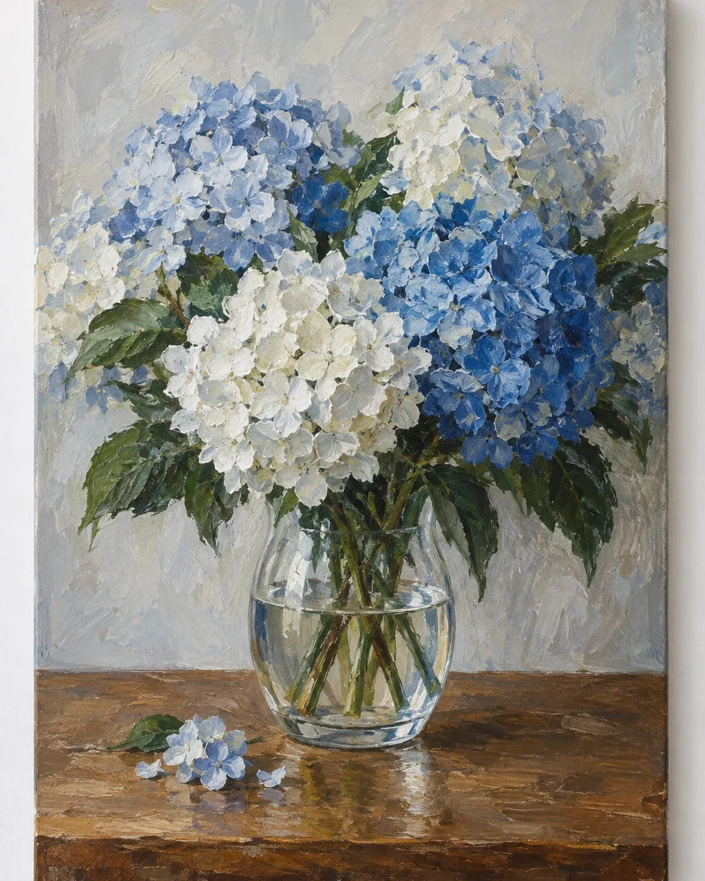 Original still life of hydrangeas in a glass vase