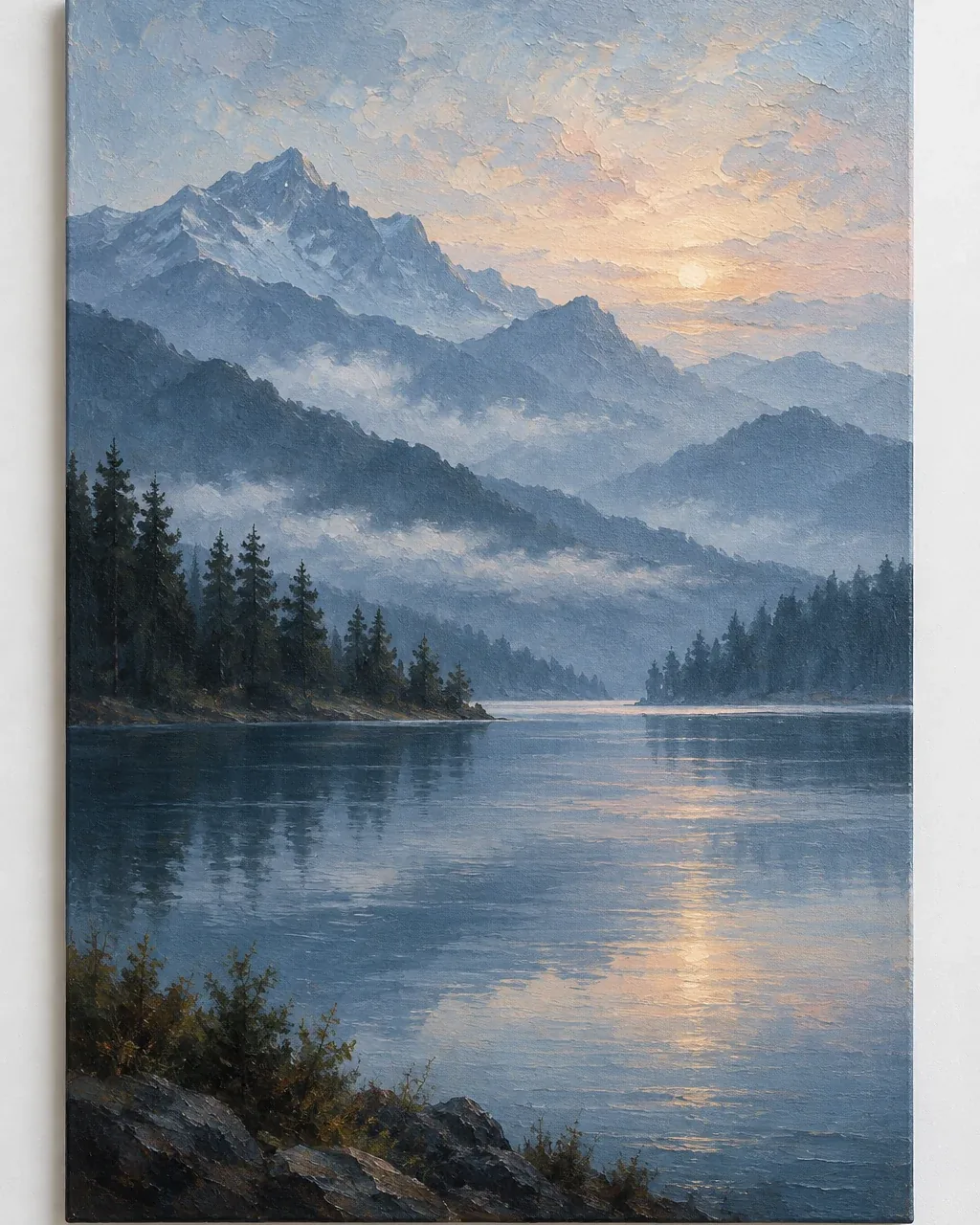 Original misty mountain lake at dawn