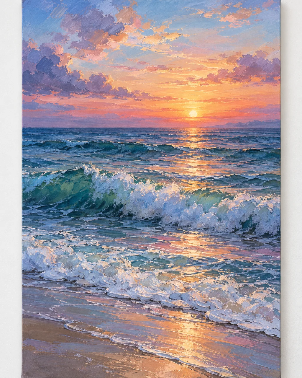Original seascape of waves at sunset