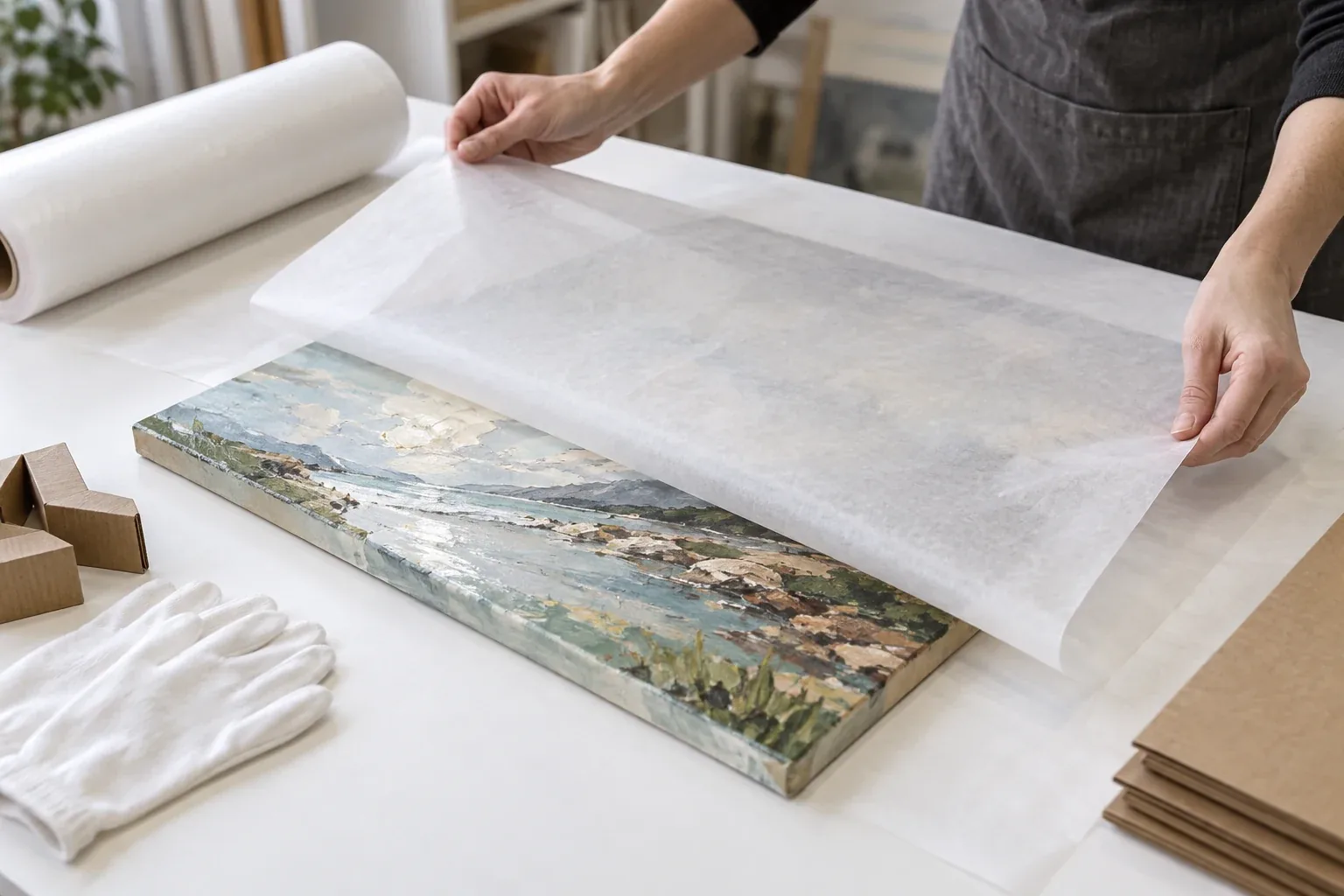Finished painting being interleaved with glassine protective paper before shipping