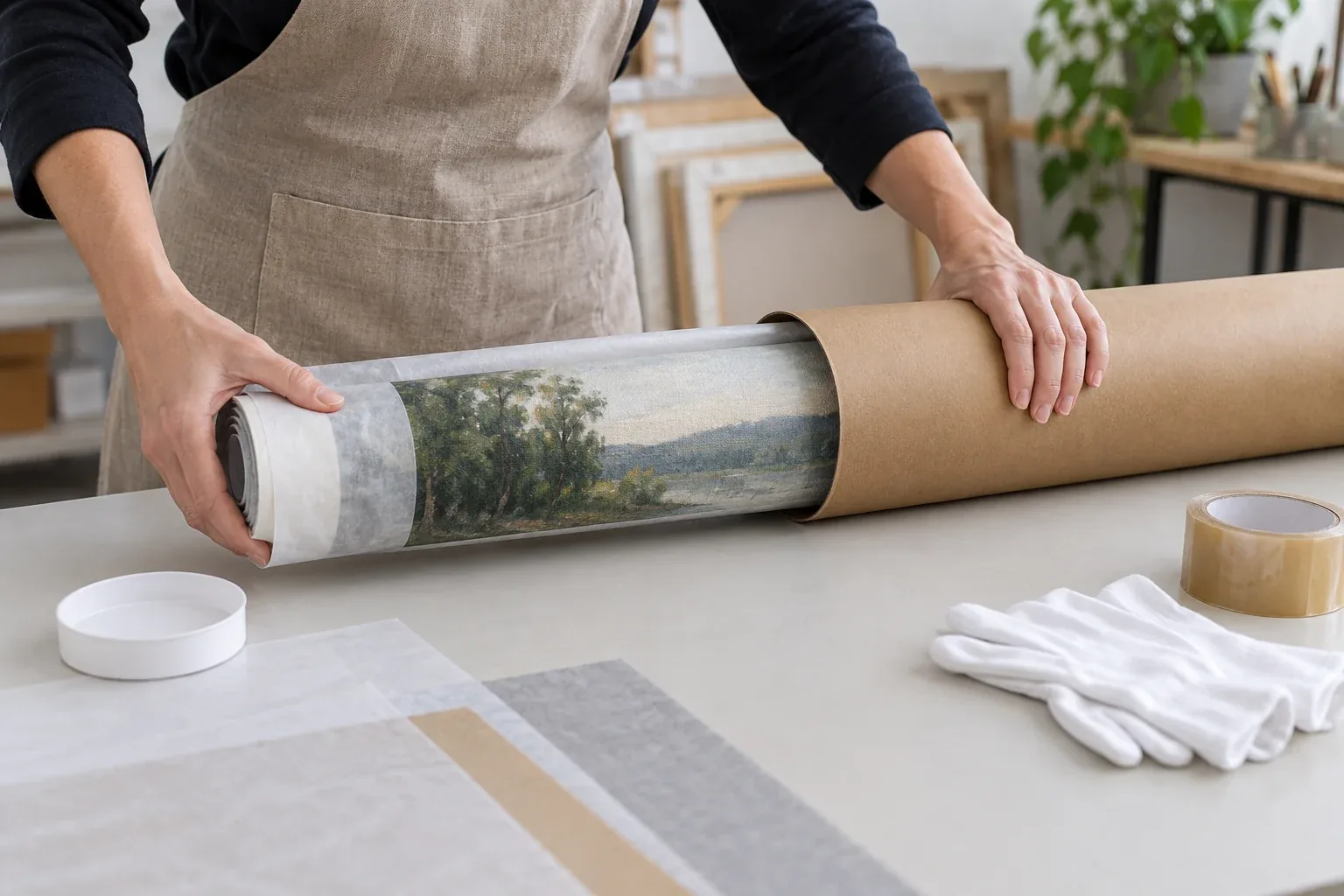 Rolled canvas painting being packed into a shipping tube