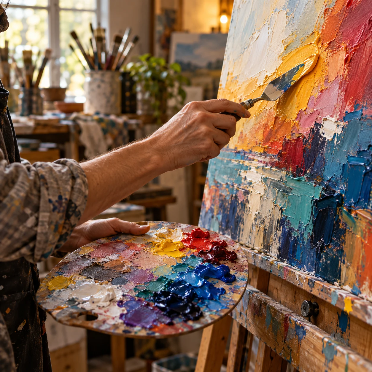 Painter's hands applying thick paint with a palette knife