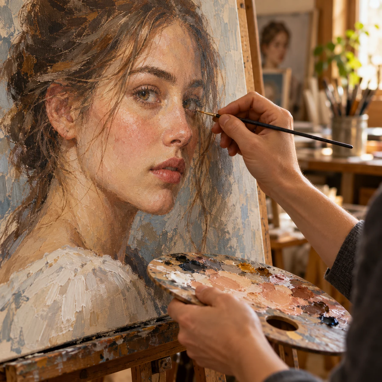 Painter's hands adding fine portrait detail with a brush