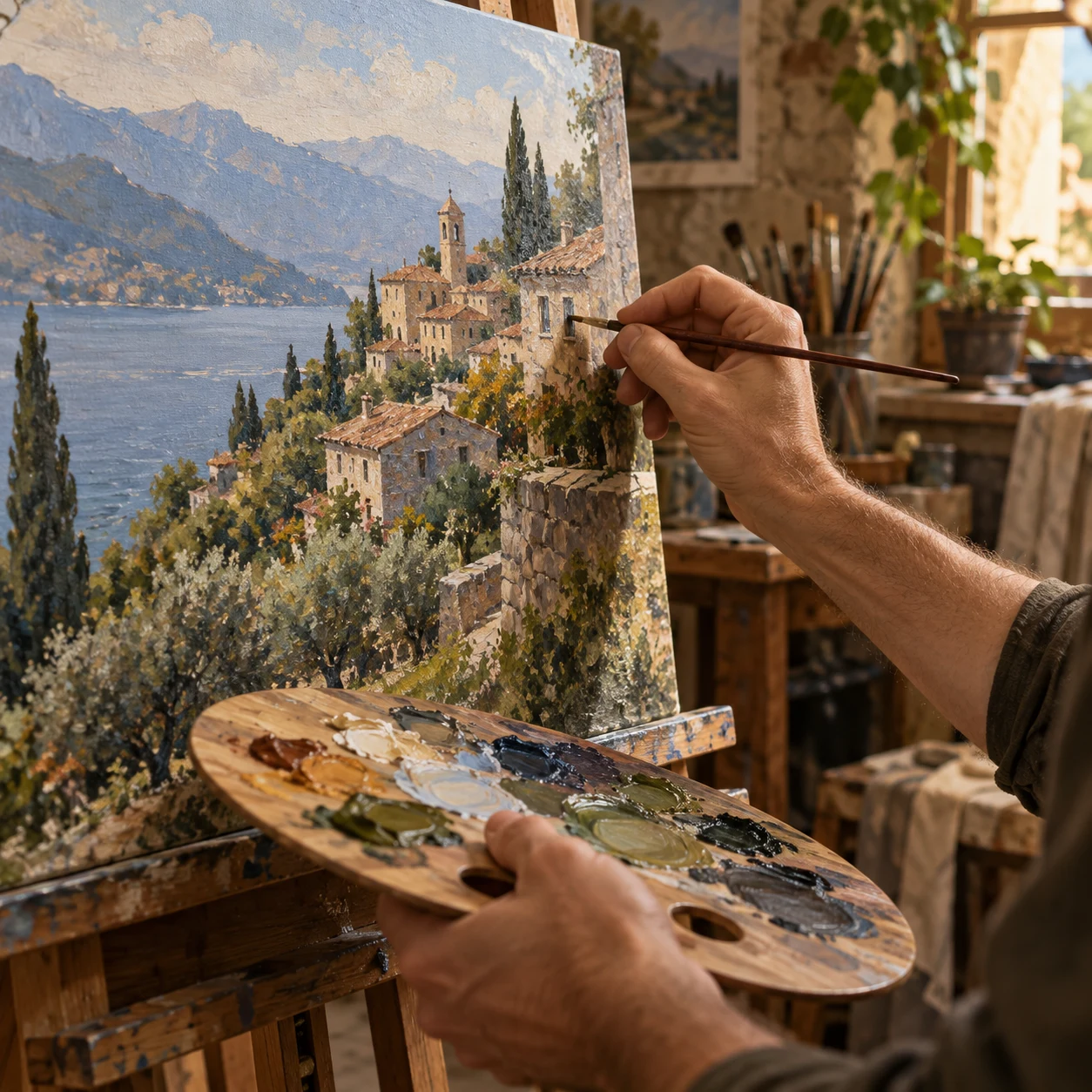 Painter's hands painting architectural landscape detail
