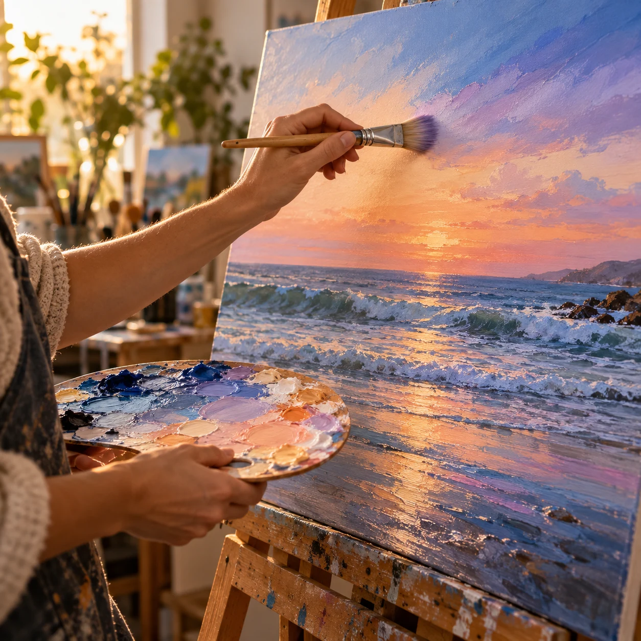 Painter's hands blending a coastal sky and water gradient