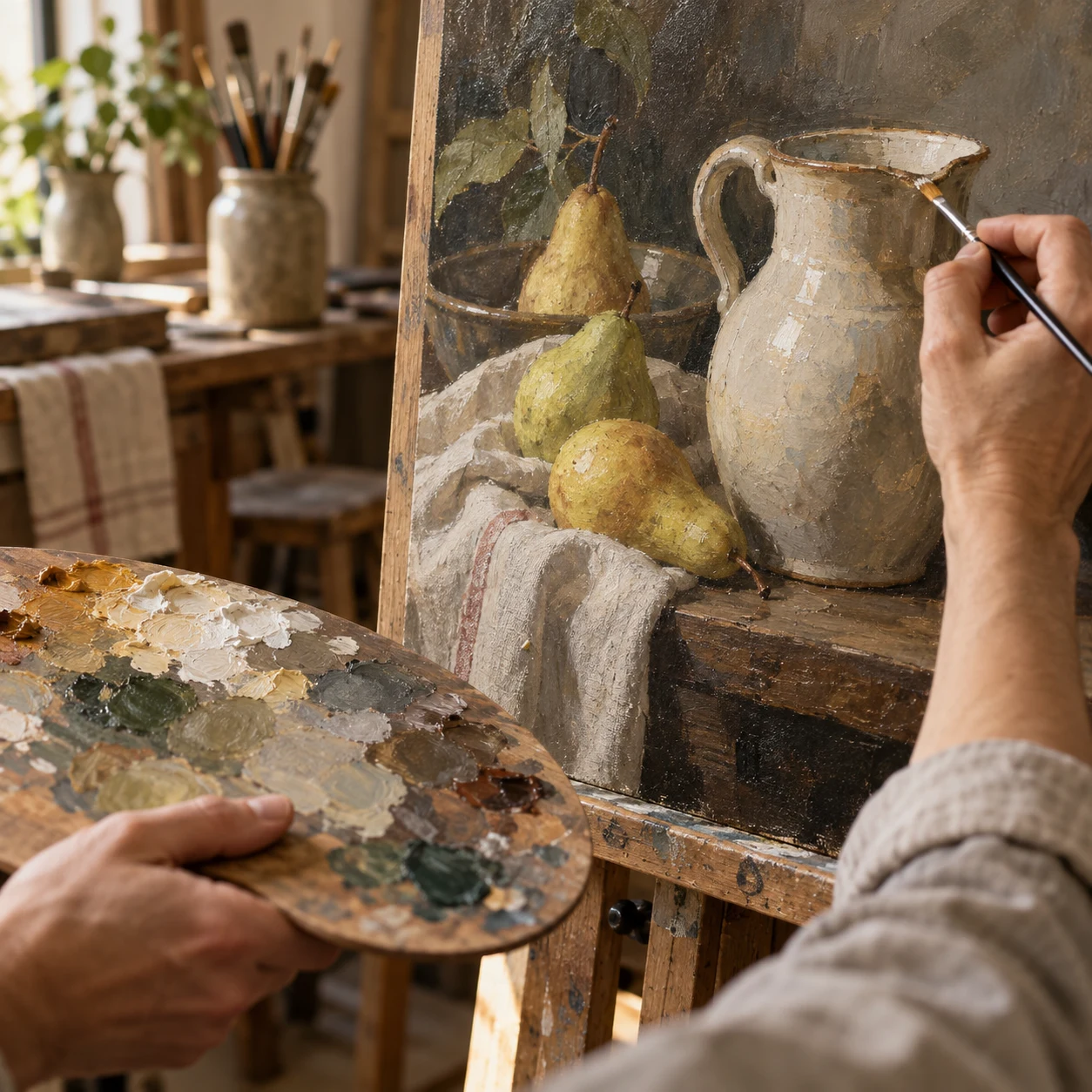 Painter's hands painting a still-life detail
