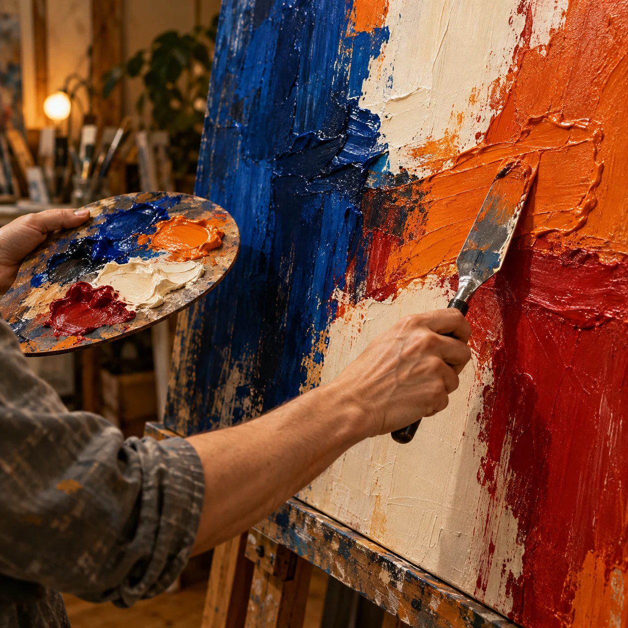 Painter's hands applying broad color-field strokes with a palette knife