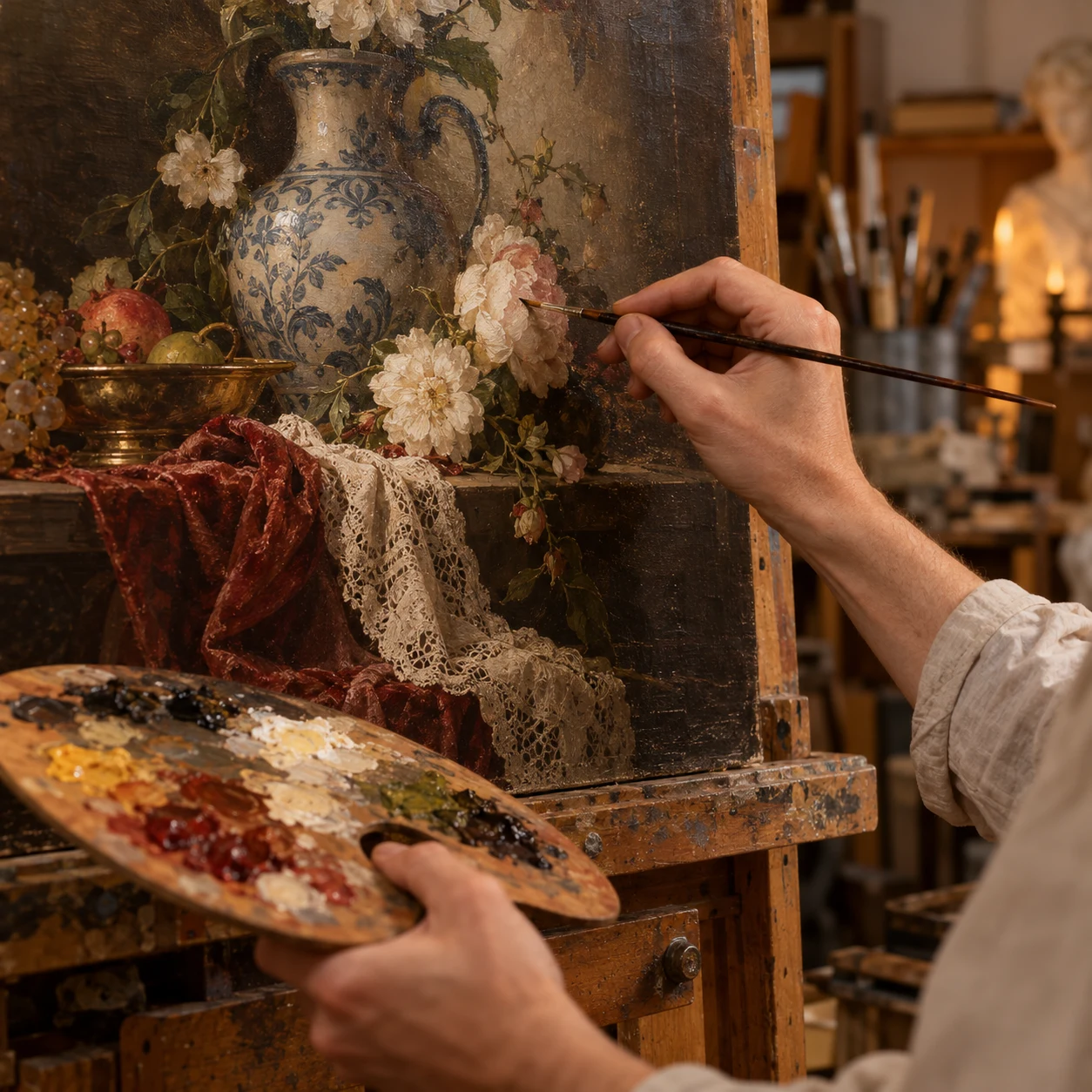 Painter's hands replicating fine classical brushwork detail