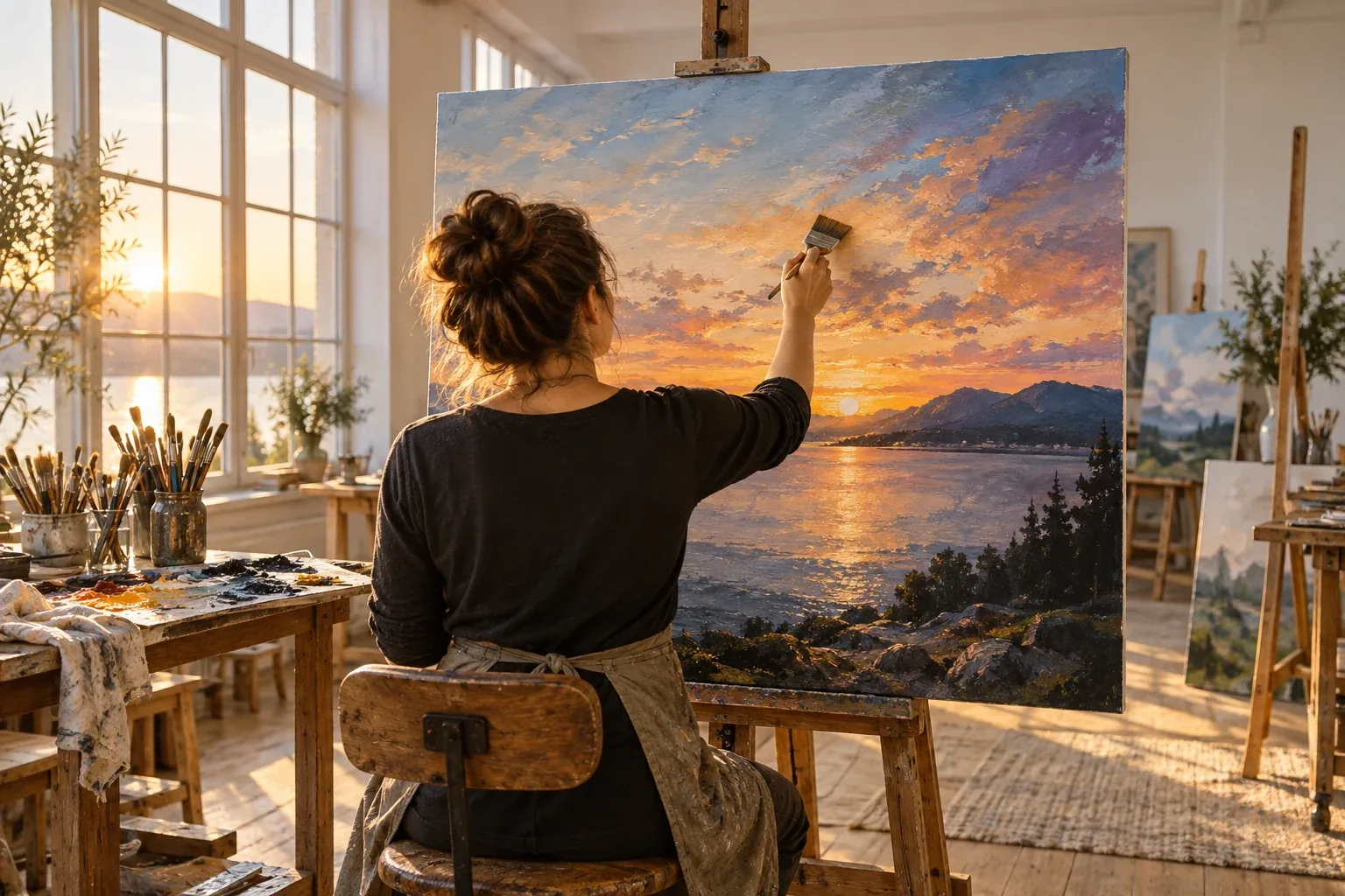 A painter building up a canvas in layers