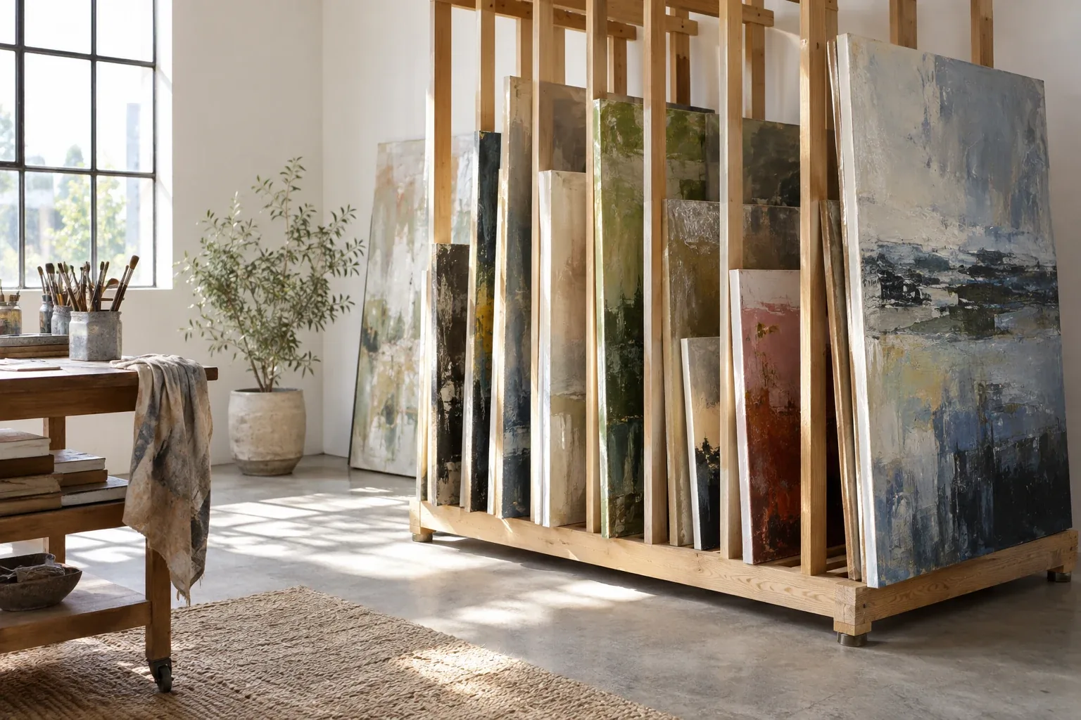 Finished canvases resting upright in a drying rack