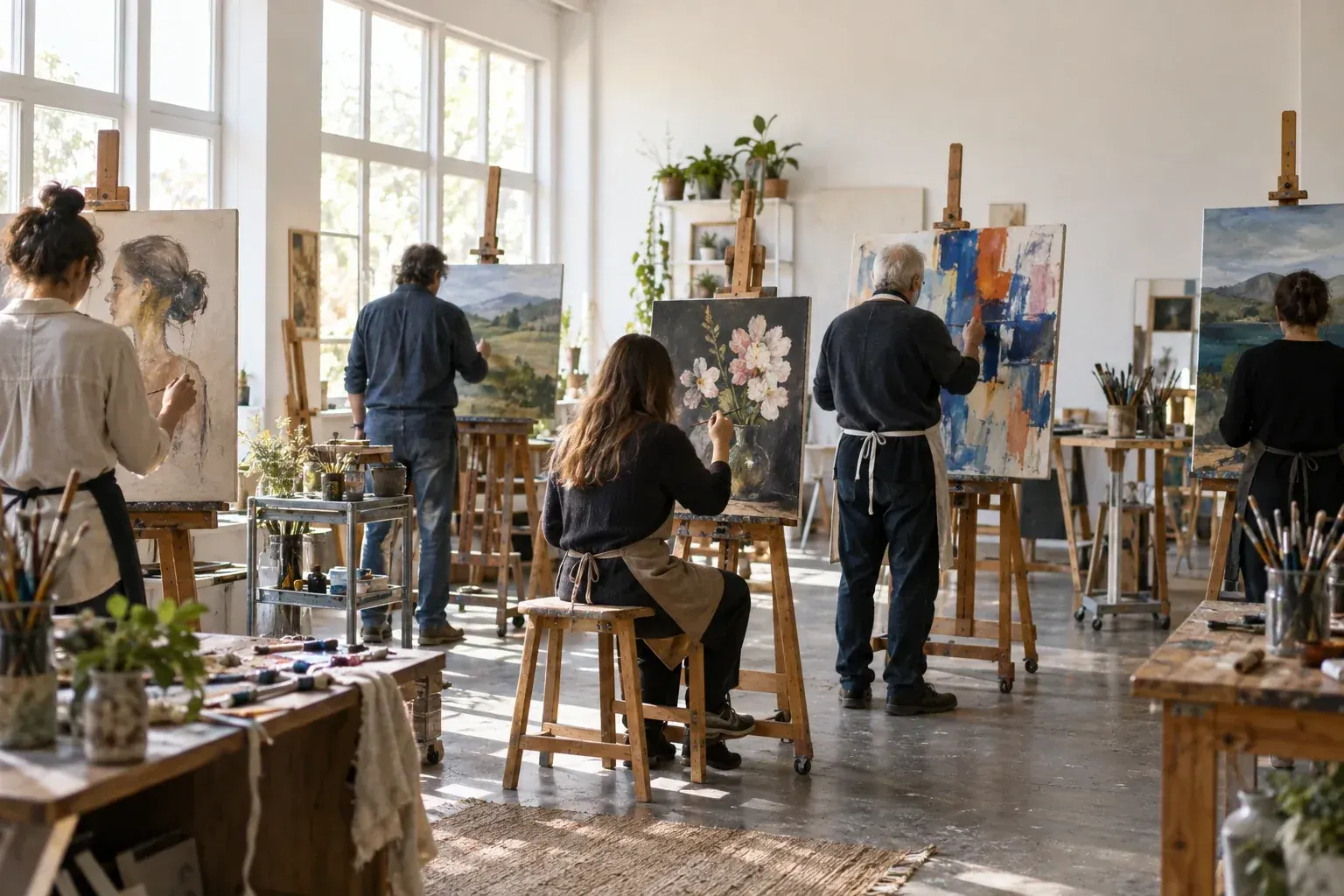 Painters of different generations working side by side in the studio