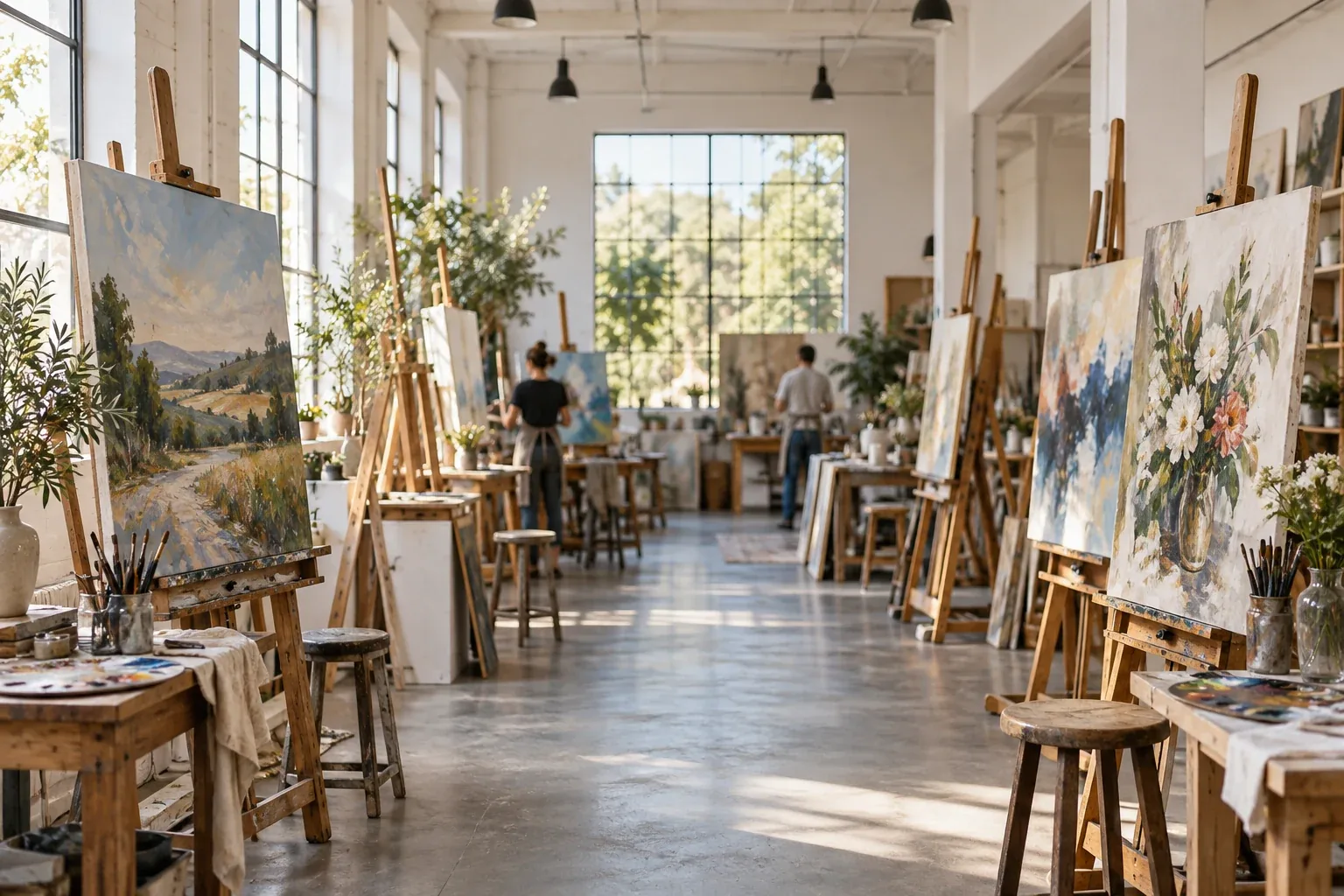 Rows of easels in the Velaturo studio