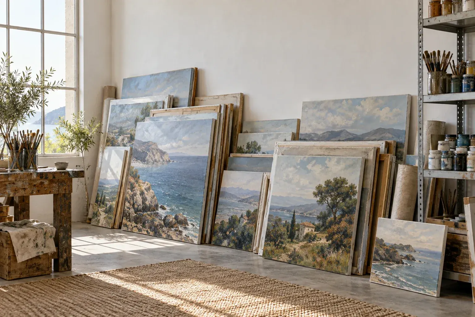 The Velaturo studio in Xiamen, with finished canvases along the wall